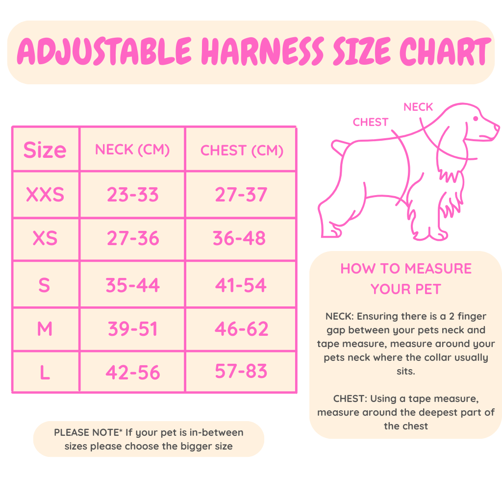 Size Chart dog harness Reggie and Friends